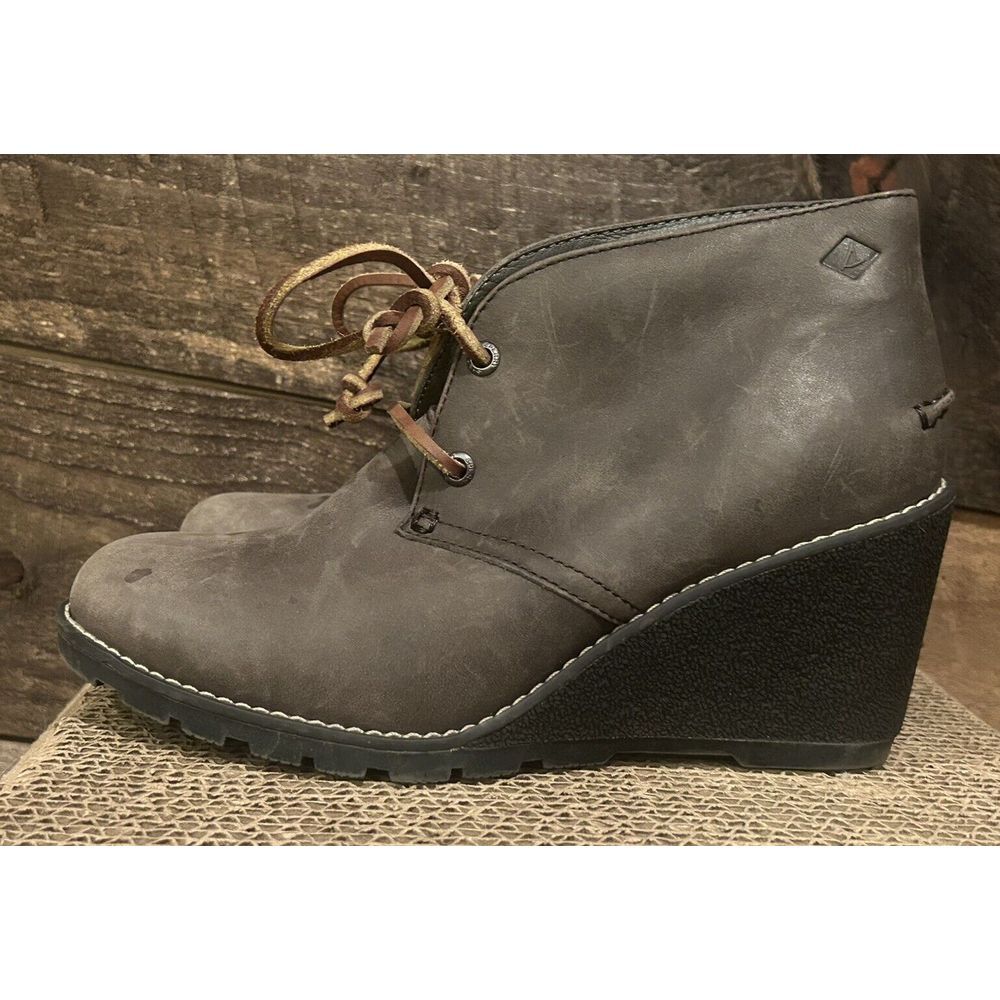 Sperry Top-Sider Women's Leather Suede Celeste Prow Ankle Wedge Boot Gray Sz 6